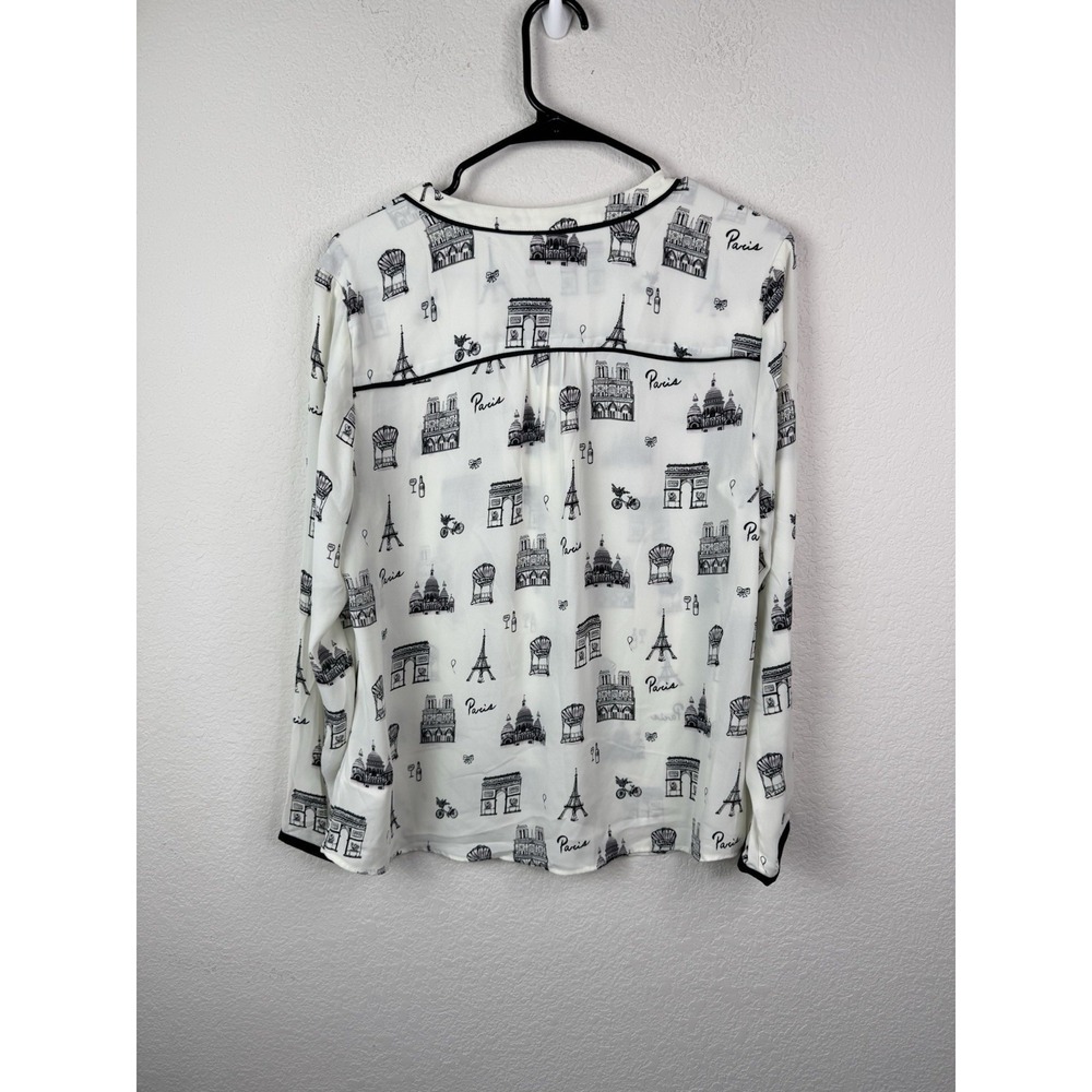 Talbots Paris Print Blouse Women's L Petite Bow Tie Career Preppy French - Picture 6 of 6